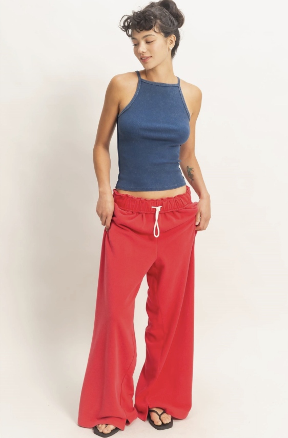 Woman wearing a blue top and red pants on a white background