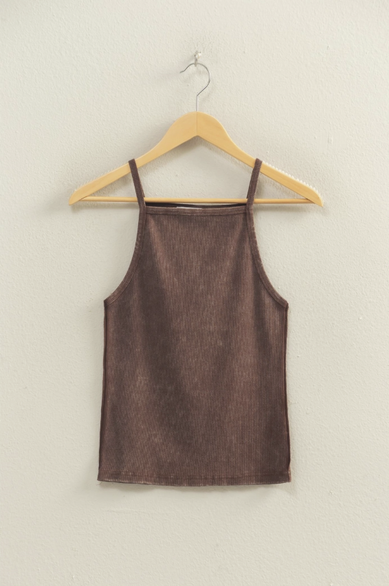 Brown tank top on a wooden hanger against a plain background