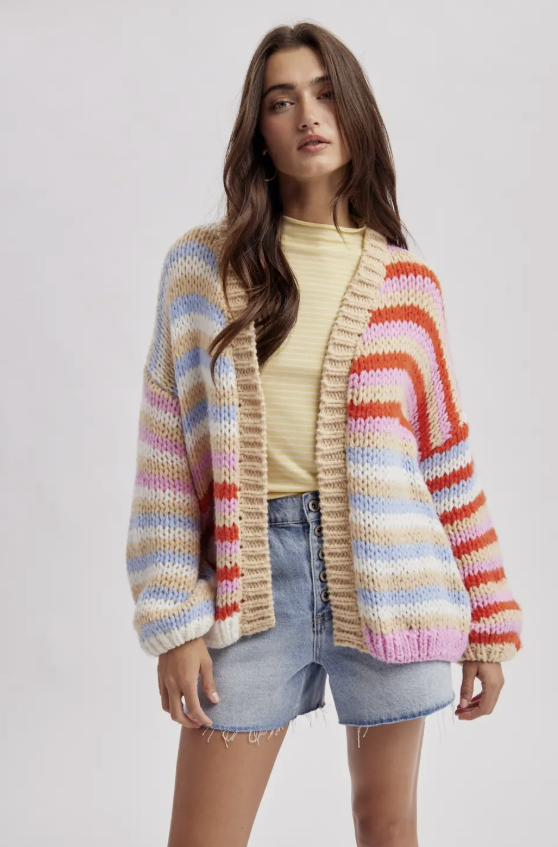 A woman modeling a chunky knit cardigan with horizontal pastel stripes in pink, blue, yellow, orange, and beige, paired with a pale yellow ribbed top and denim shorts against a light gray studio background.