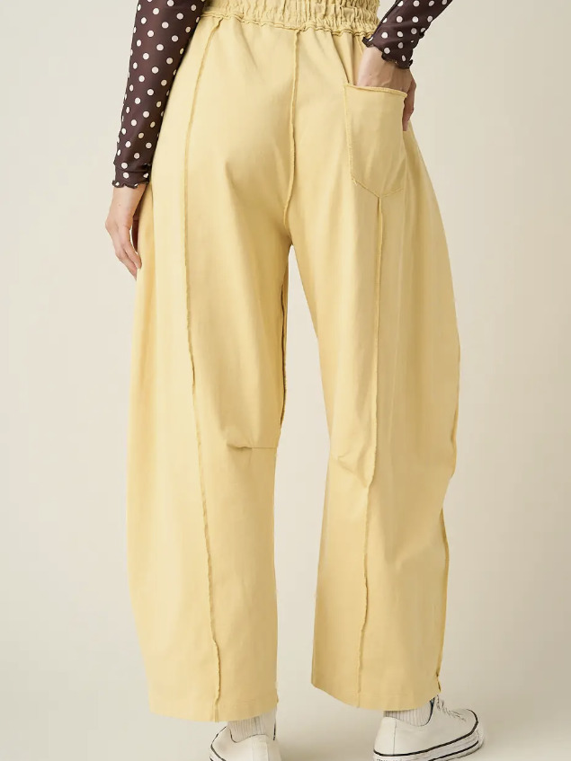 A person wearing pale yellow wide-leg trousers with an elastic waistband, shown from the back against a plain light beige studio background.