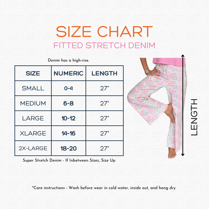 Size chart for fitted stretch denim with a person wearing pants and measurement details.