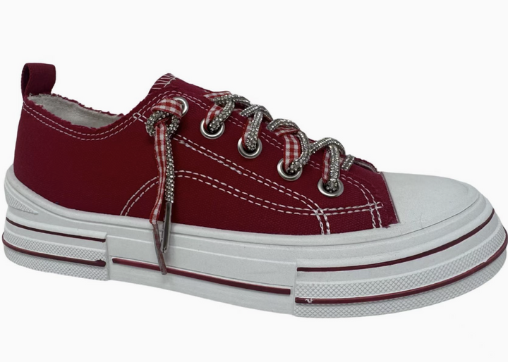 Red Sneaker with sparkle and gingham laces on white background