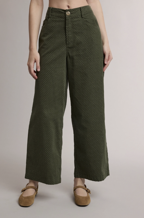 A model is wearing dark olive green wide-leg cropped pants with a small white polka dot pattern, paired with brown suede Mary Jane flats, against a neutral light gray studio background.