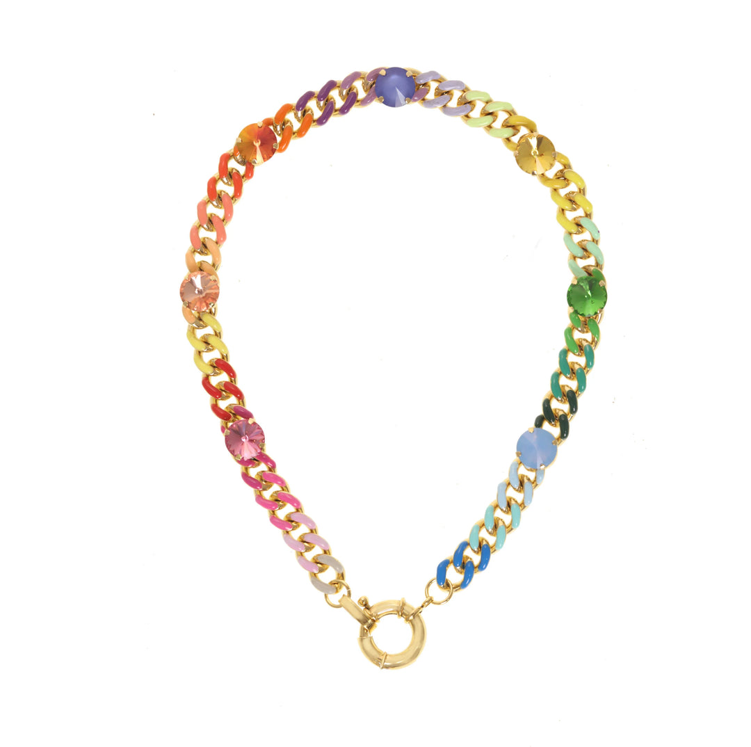 Colorful necklace with enamel and crystals on white background