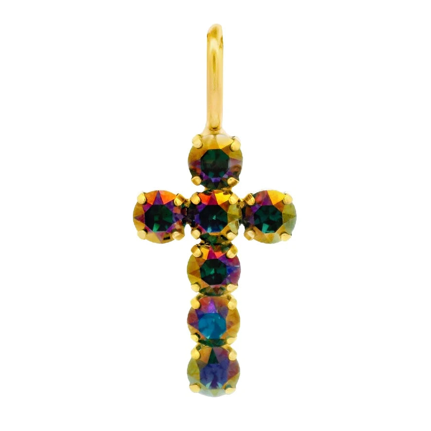 Cross made of Swarovski crystals  with a gold bail on plain background