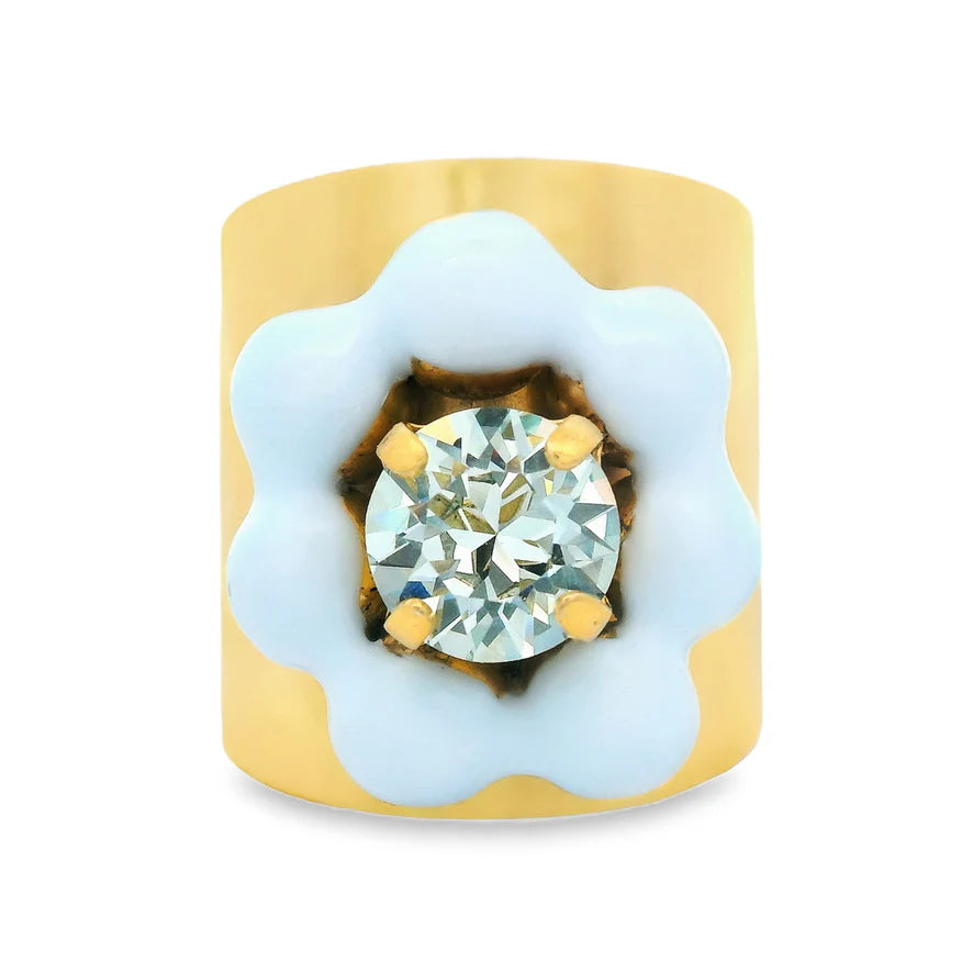 Ring with light blue flower design and central gemstone on a white background