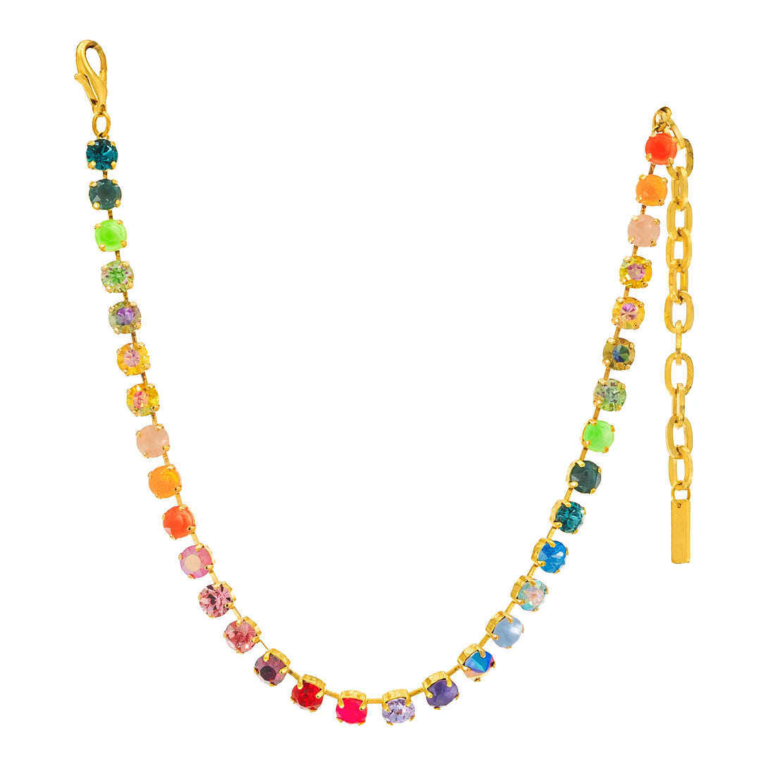 Colorful beaded necklace with gold chain on a white background