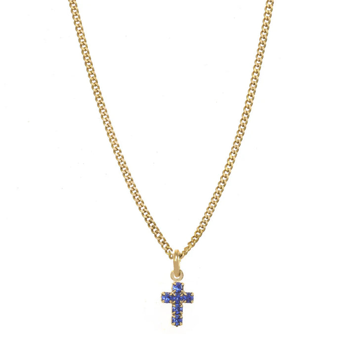 Gold necklace with a cross pendant on a white background