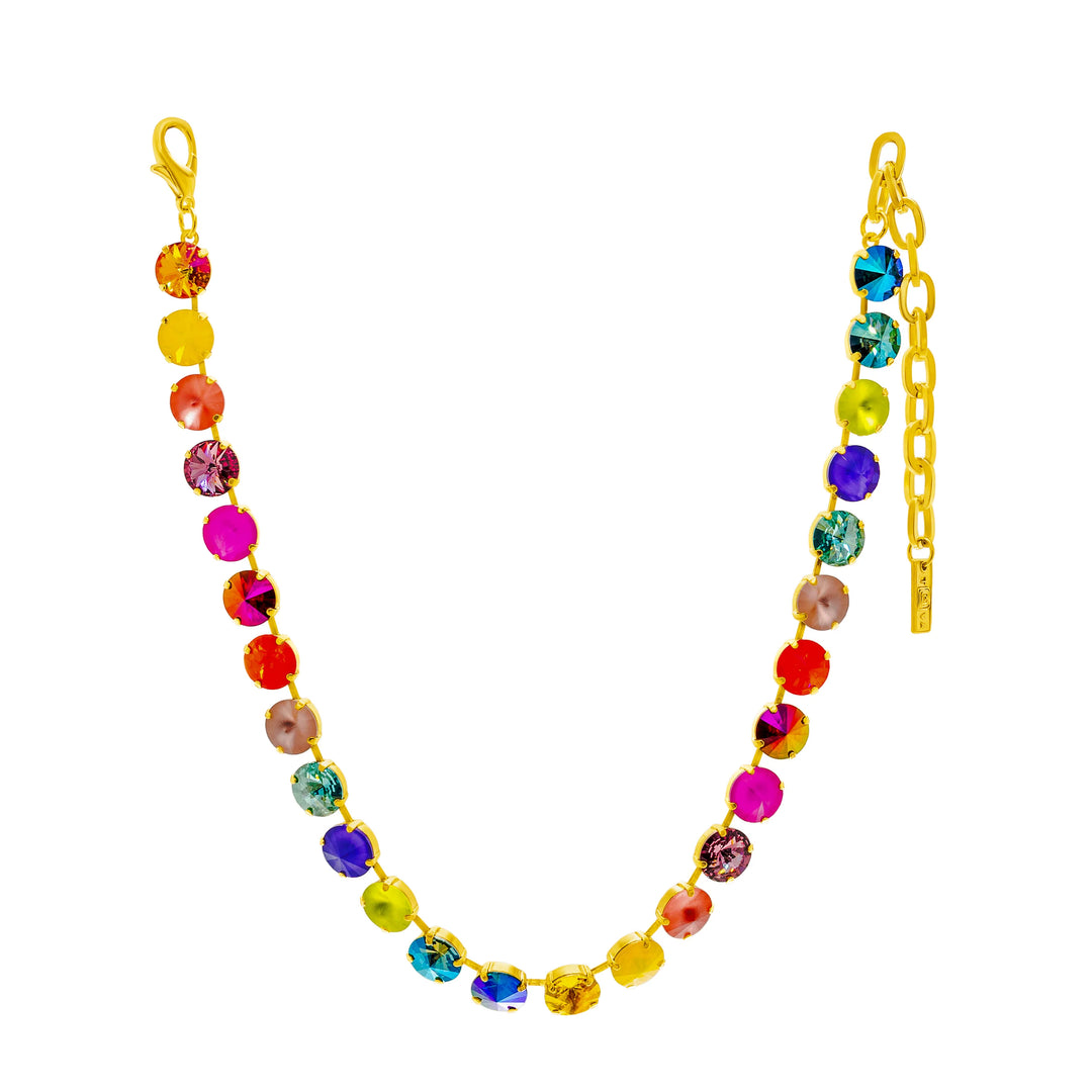 Colorful beaded necklace with a gold chain on a white background
