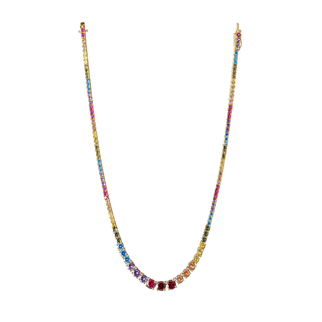 Single tennis style necklace with multi color crystals on plain background