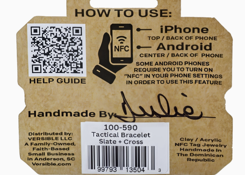 Bracelet packaging explaining how to use tap to pray bracelet on white background