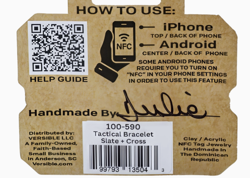 Bracelet packaging with instructions on how to use tap to pray bracelet on white background