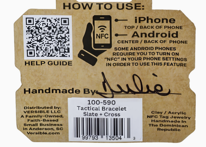 Bracelet packaging with instructions on how to use tap to pray bracelet on white background