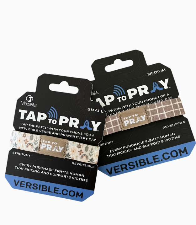 Tap to pray bracelets in packaging on white background