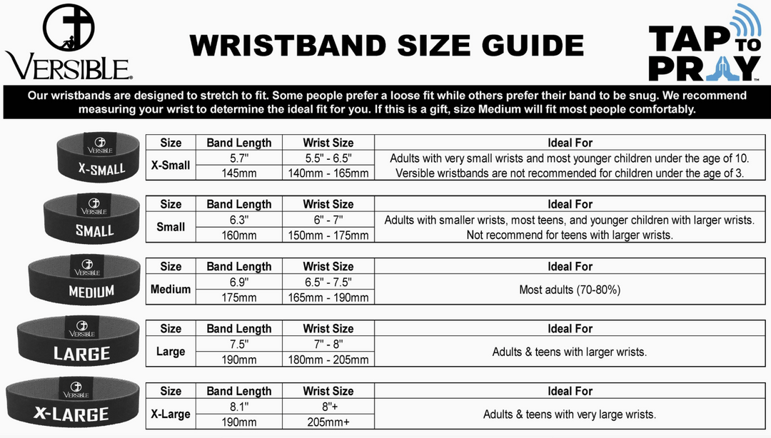 A Versible wristband size guide chart with size tables for X-Small, Small, Medium, Large, and X-Large, alongside black circular wristband size markers labeled X-Small, Small, Medium, Large, and X-Large on a white background.