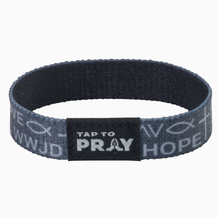 Tap to pray bracelet featuring one side black and one side symbols of faith on white background