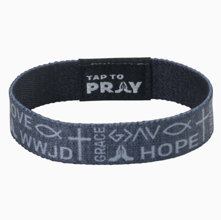 A dark gray fabric wristband with a black inner strap that reads &
