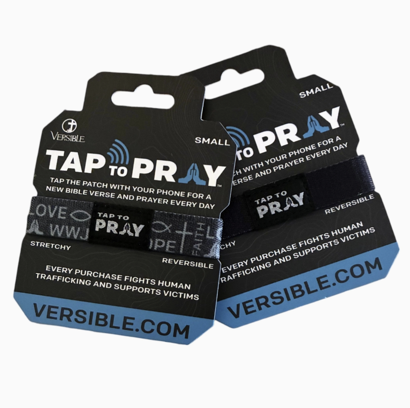Tap to pray bracelets on packaging on white background