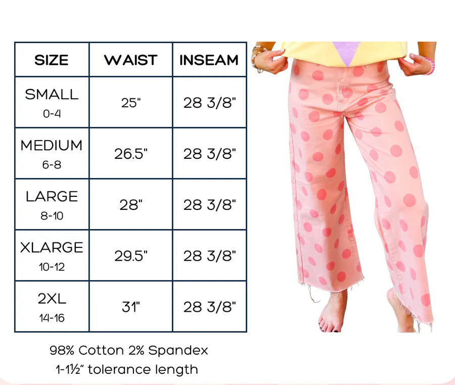 Denim measurements chart for Poppy &amp; Pine brand pants on a pink background