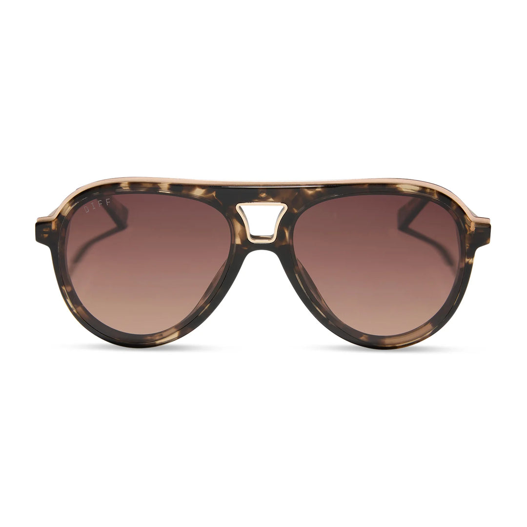 Sunglasses with tortoiseshell frame and brown gradient lenses on a white background