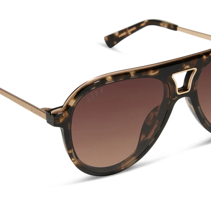 Sunglasses with tortoiseshell frame and brown gradient lens on a white background