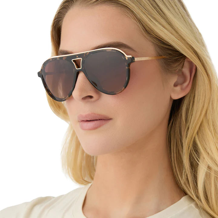 Woman wearing a pair of sunglasses with a neutral background