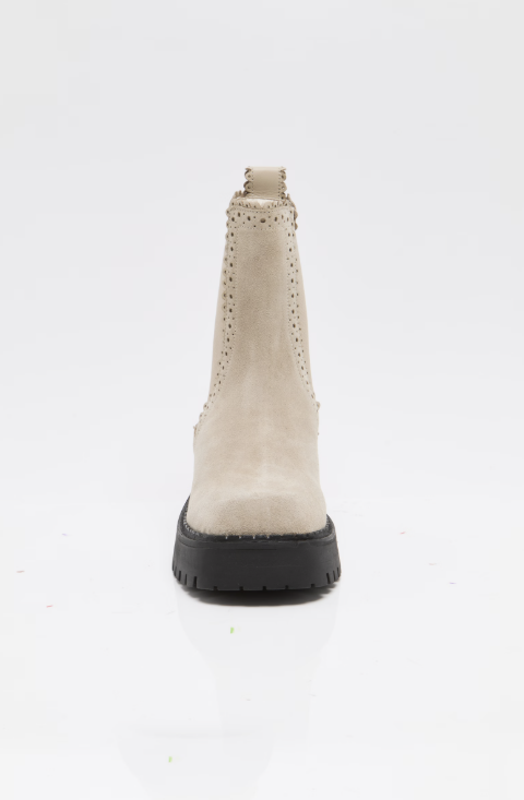 A single beige suede Chelsea boot shown from the back on a clean white background.