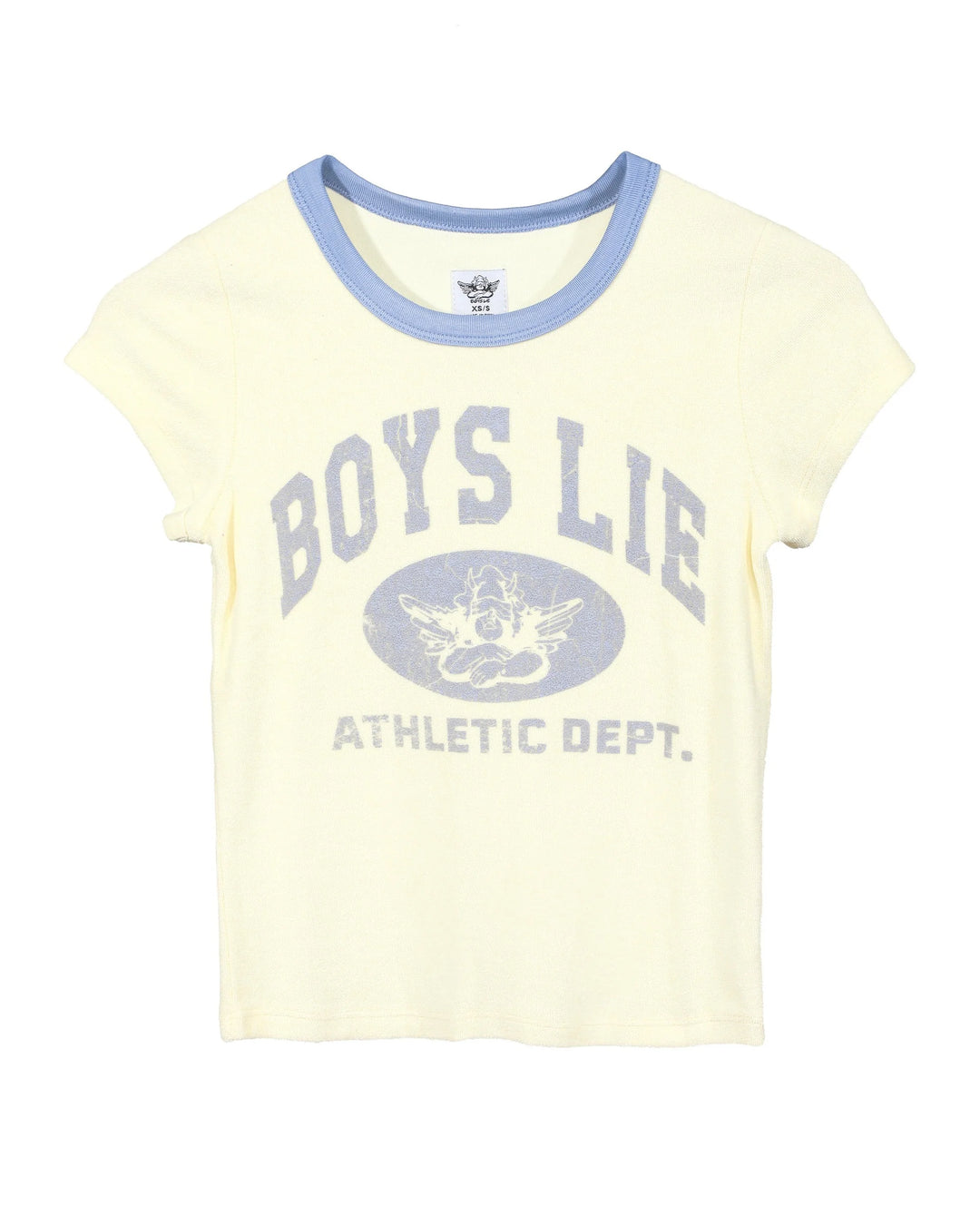 Butter yellow baby tee with blue ringer neckline and boys lie graphic