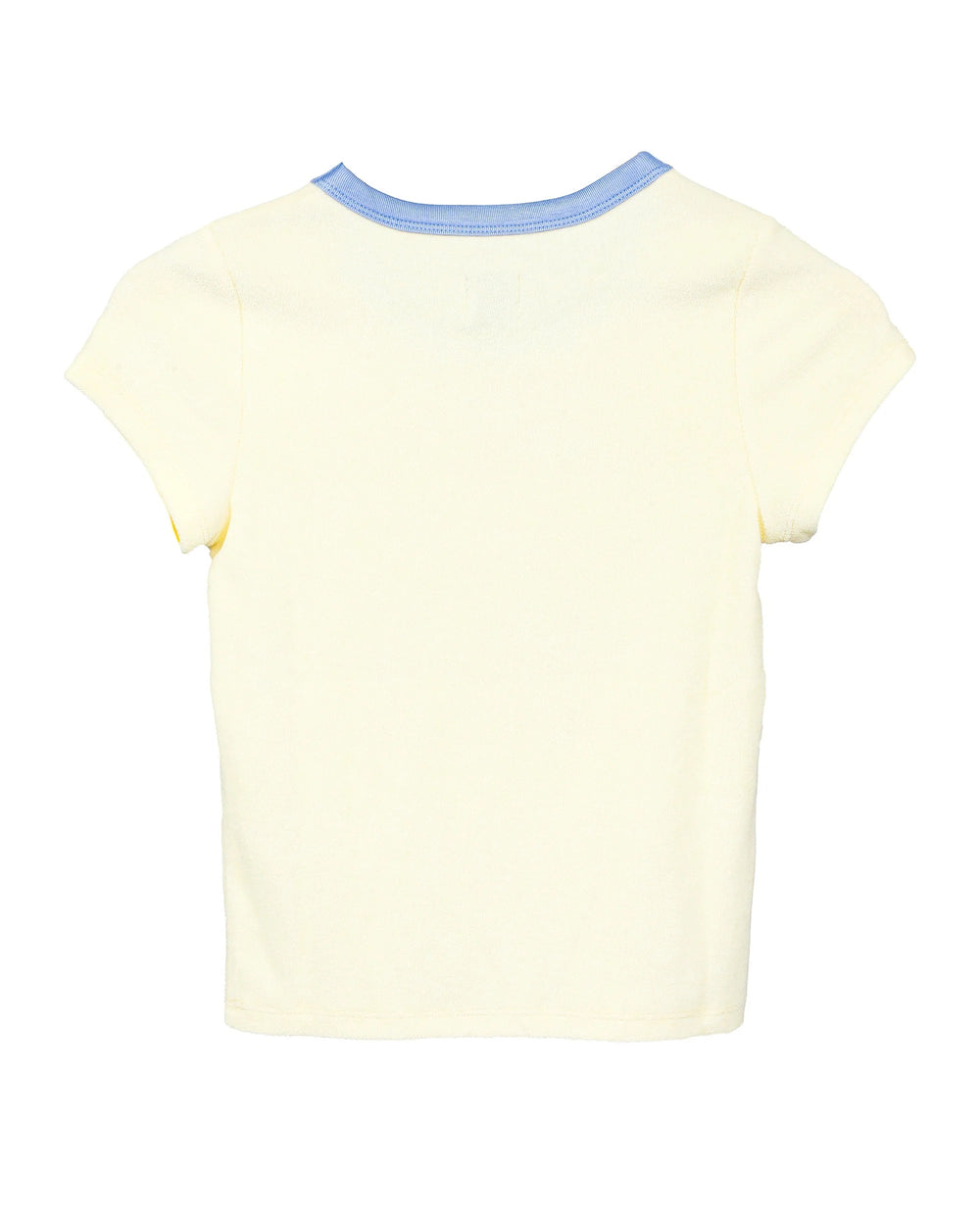 Yellow t-shirt with blue neckline on a white background