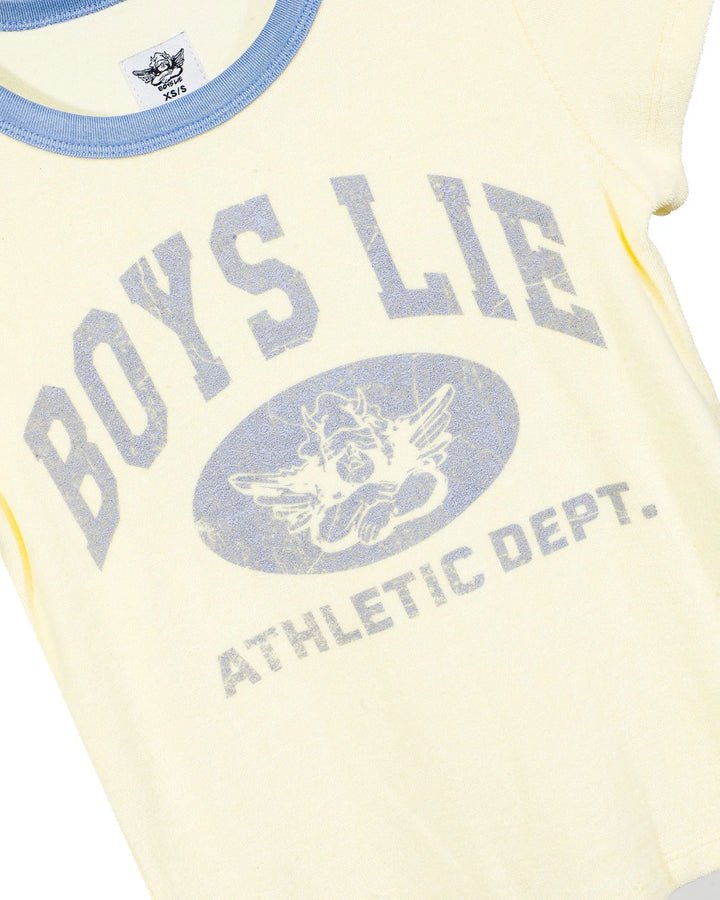 Yellow tshirt with blue text and logo on a white background