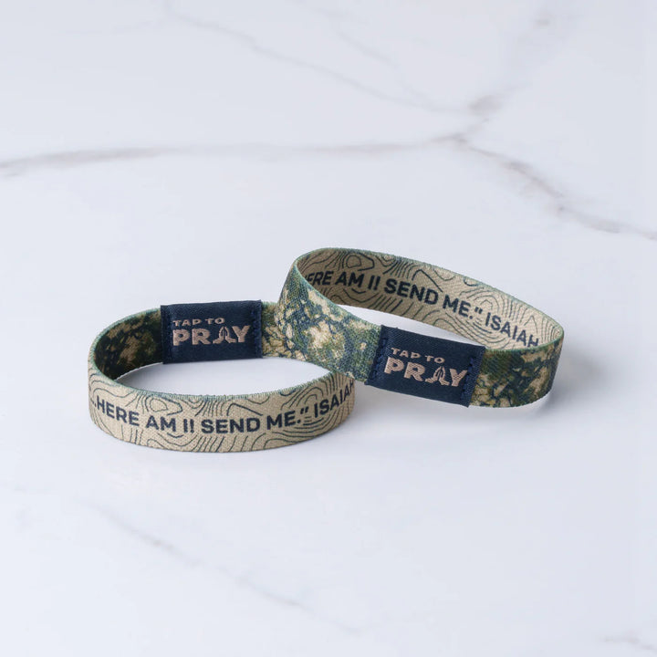 Two camouflage-patterned wristbands with text on a white background