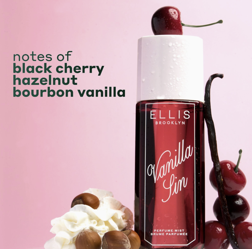 Ellis Brooklyn Vanilla Sin perfume bottle on a pink background with cherries, vanilla beans, and whipped cream. Text reads &