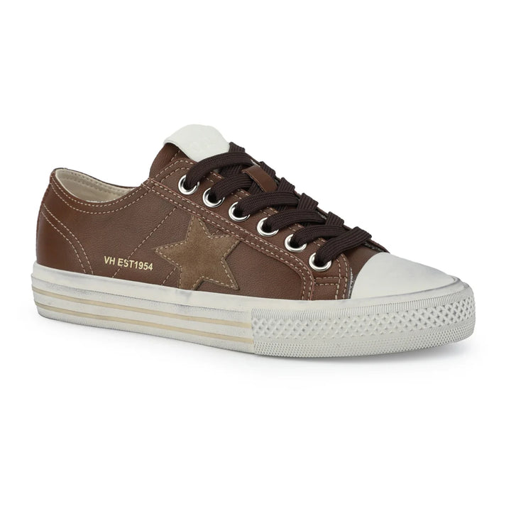 Chocolate brown sneaker with tonal star and brown laces on white background