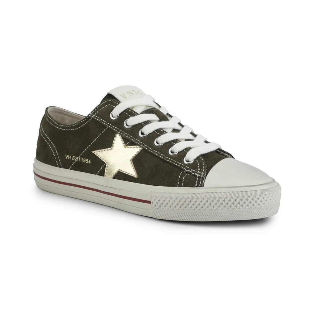 Dark olive sneaker with a white star on a white background