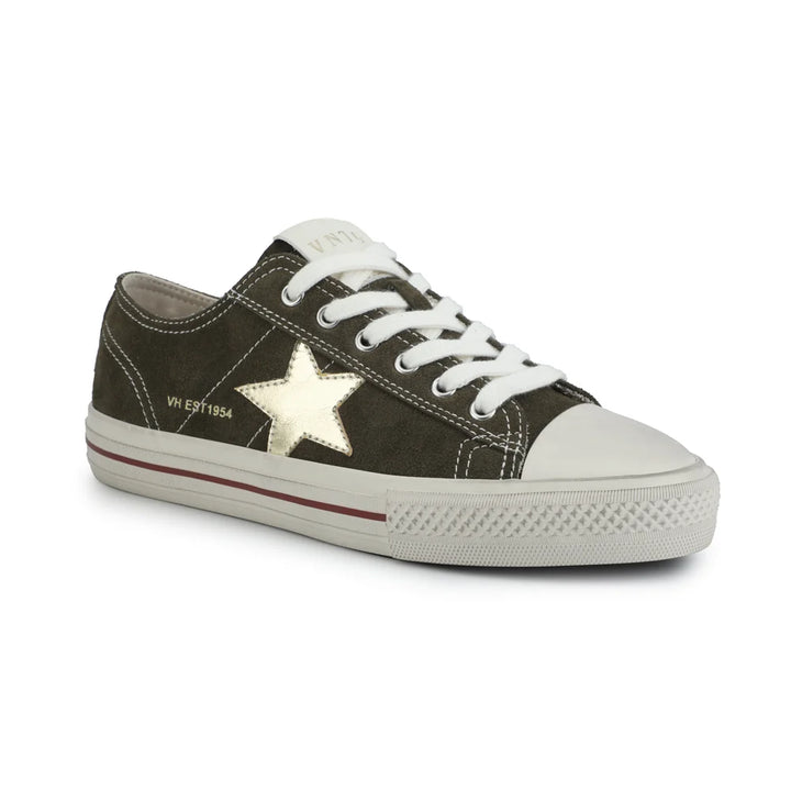 Dark olive sneaker with a white star on a white background