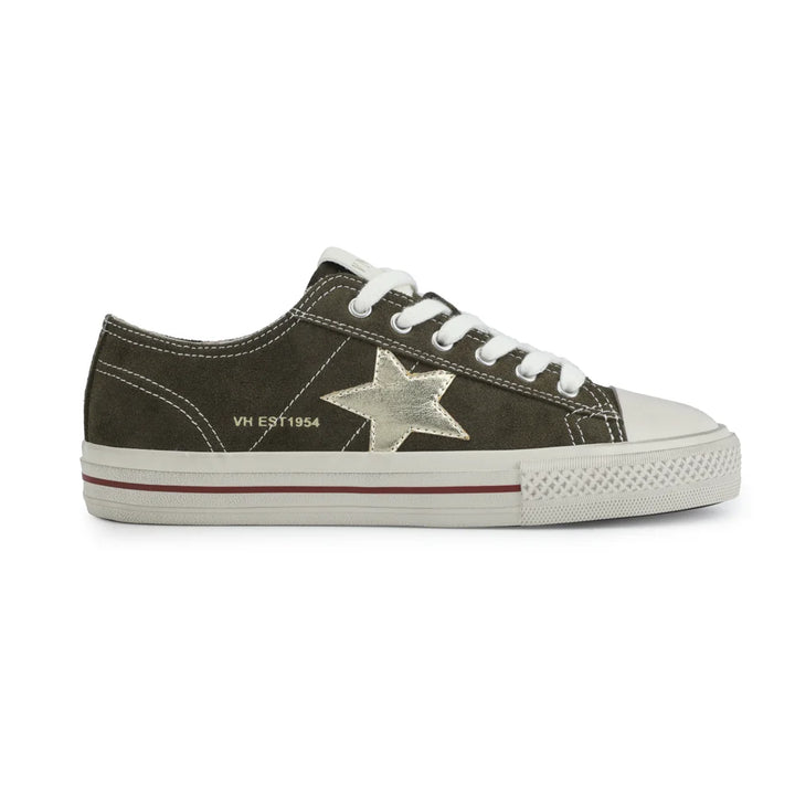Olive sneaker with a white logo on a white background