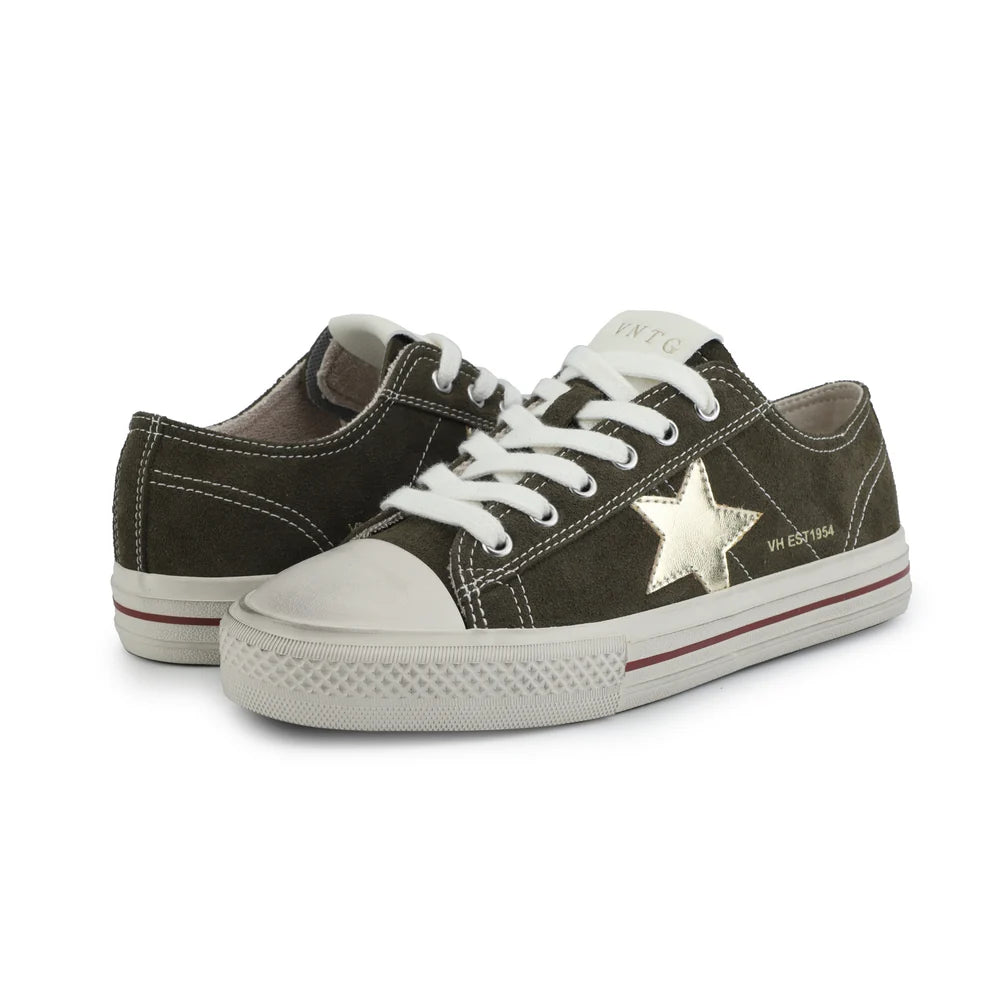 Pair of dark olive sneakers with a star design on a white background