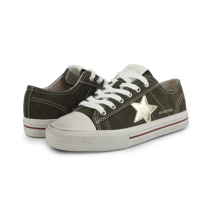 Pair of dark olive sneakers with a star design on a white background