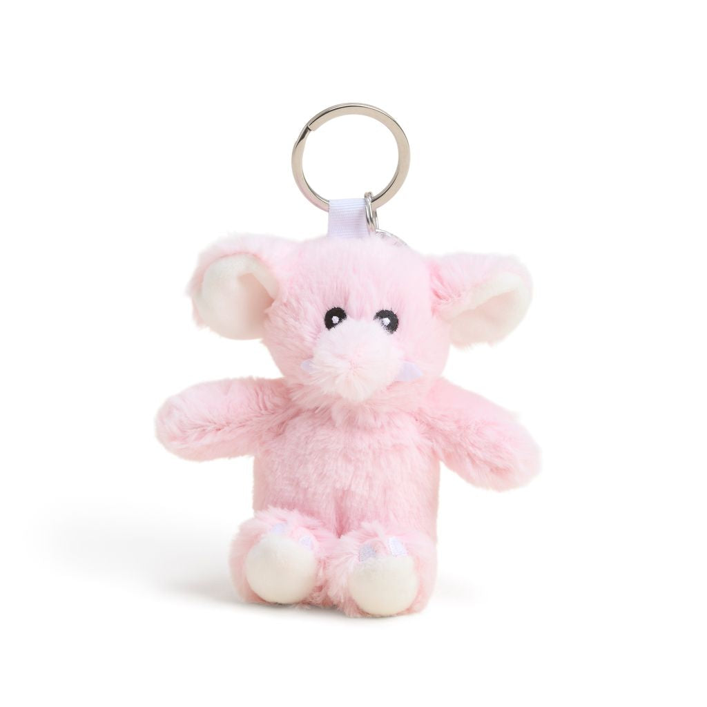 Stuffed pink elephant key ring on white background