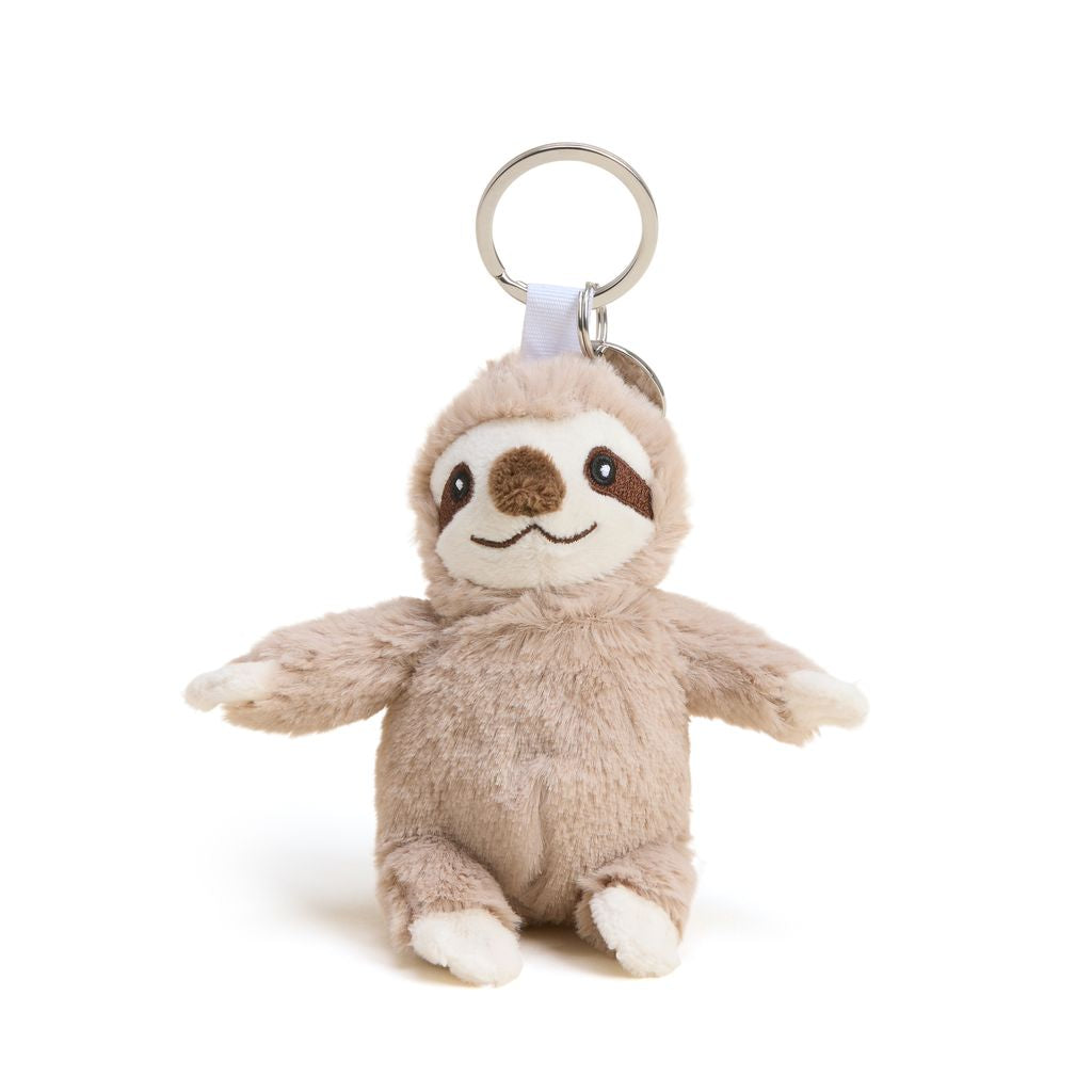 Stuffed animal sloth keyring on white background