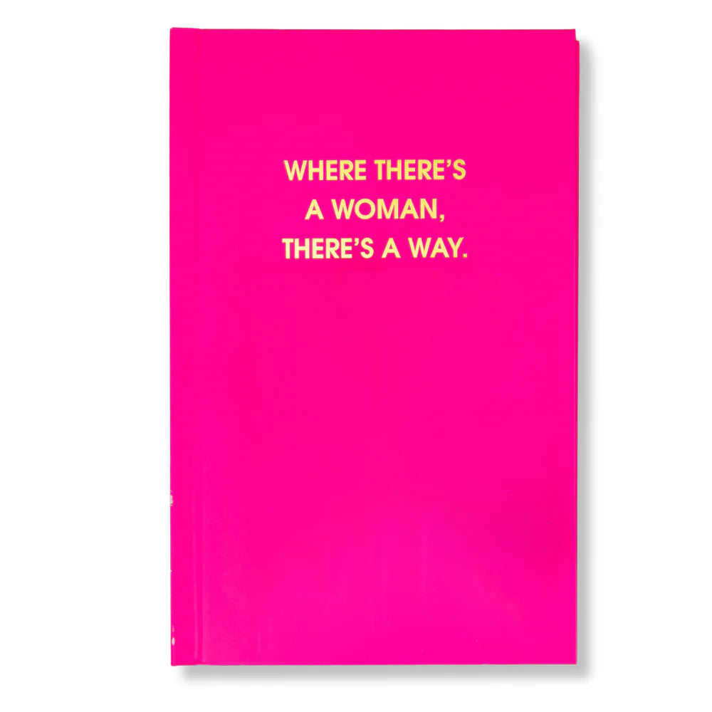 Pink notebook with yellow text on a white background