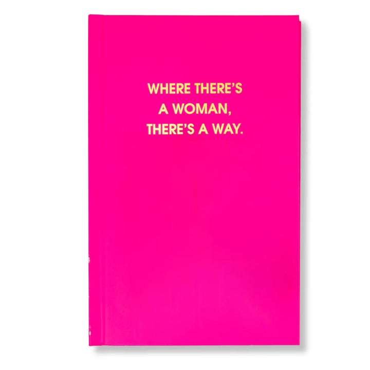 Pink notebook with yellow text on a white background