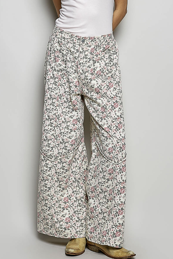 Floral-patterned wide-leg pants worn by a person on a plain background