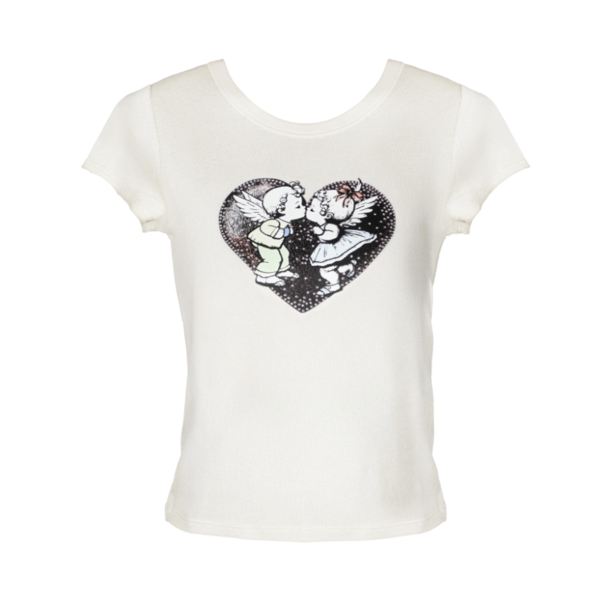 White t-shirt with a heart design featuring two cherubs kissing on a white background