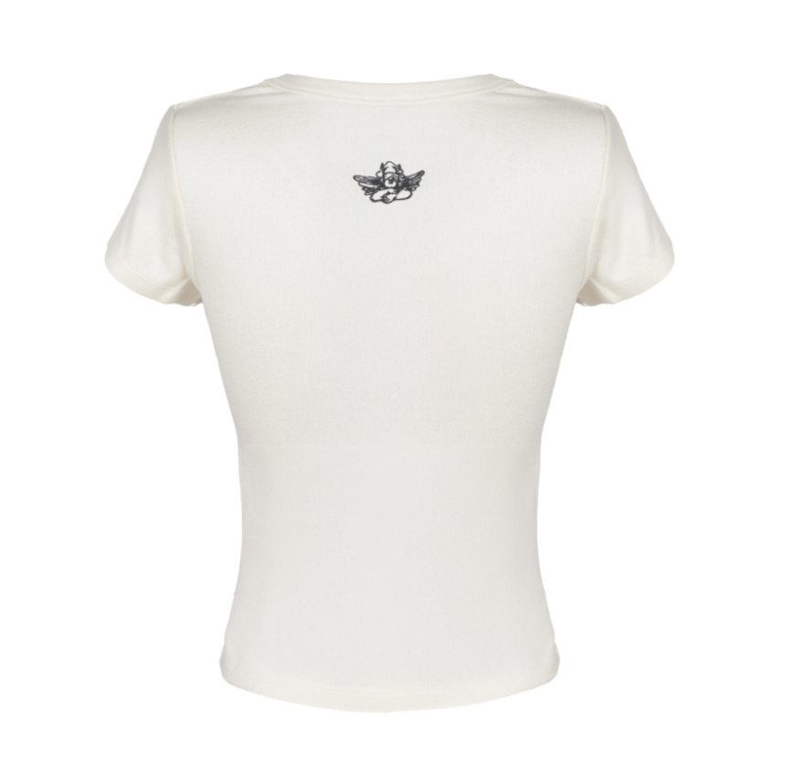 White t-shirt with a small logo on the chest against a white background