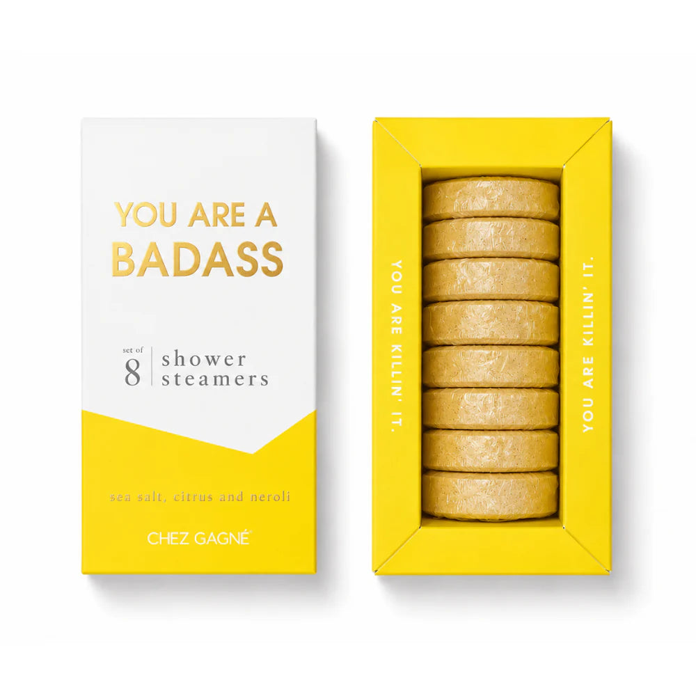Chez Gagné shower steamers set in a bright yellow box, shown next to its white and yellow outer packaging box on a clean white background.