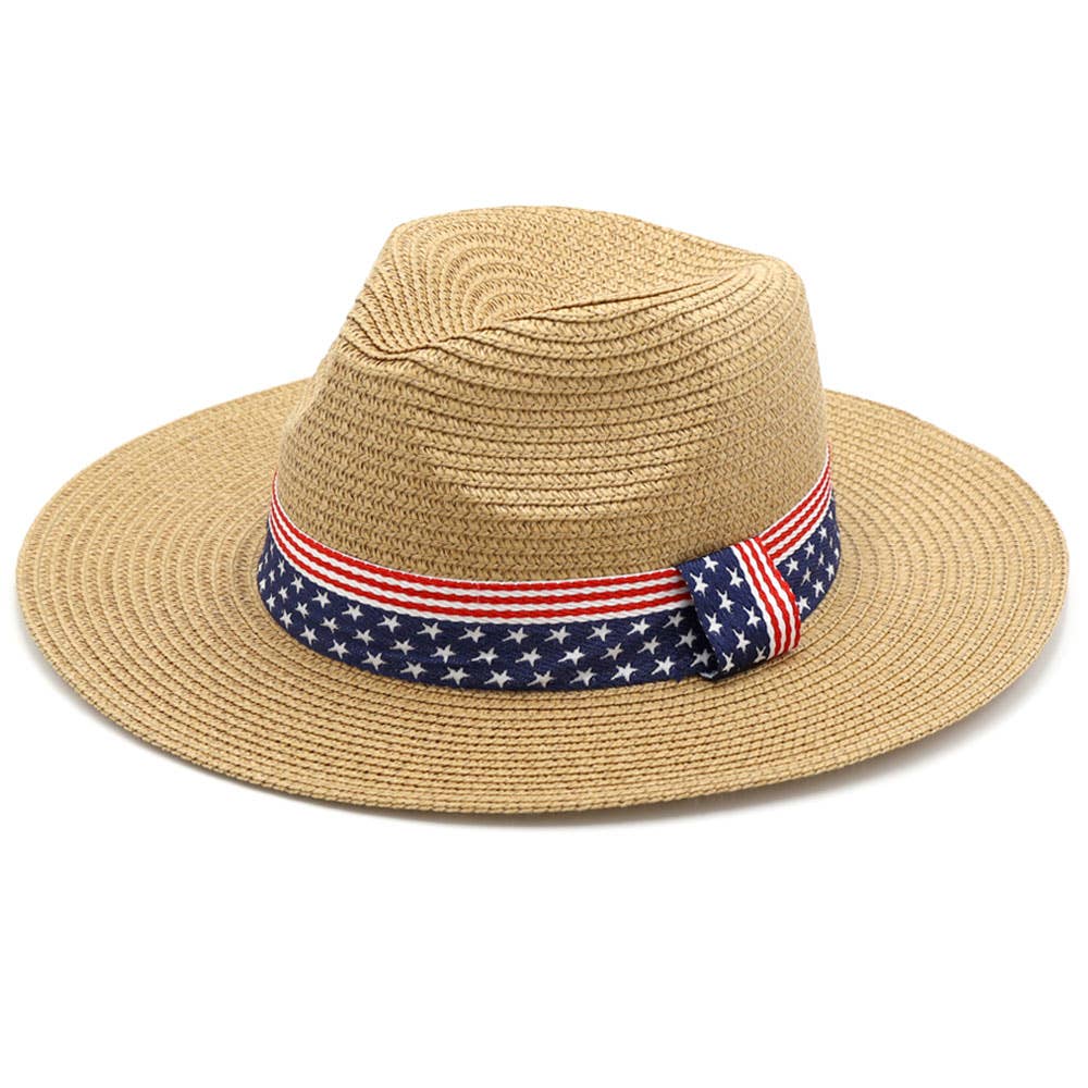American USA Flag Band Panama Straw Sun Hat