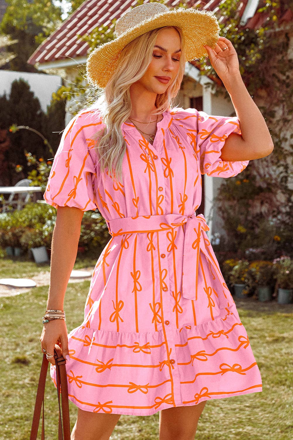 Bowknot Striped Bubble Sleeve Buttoned Belted Mini Dress