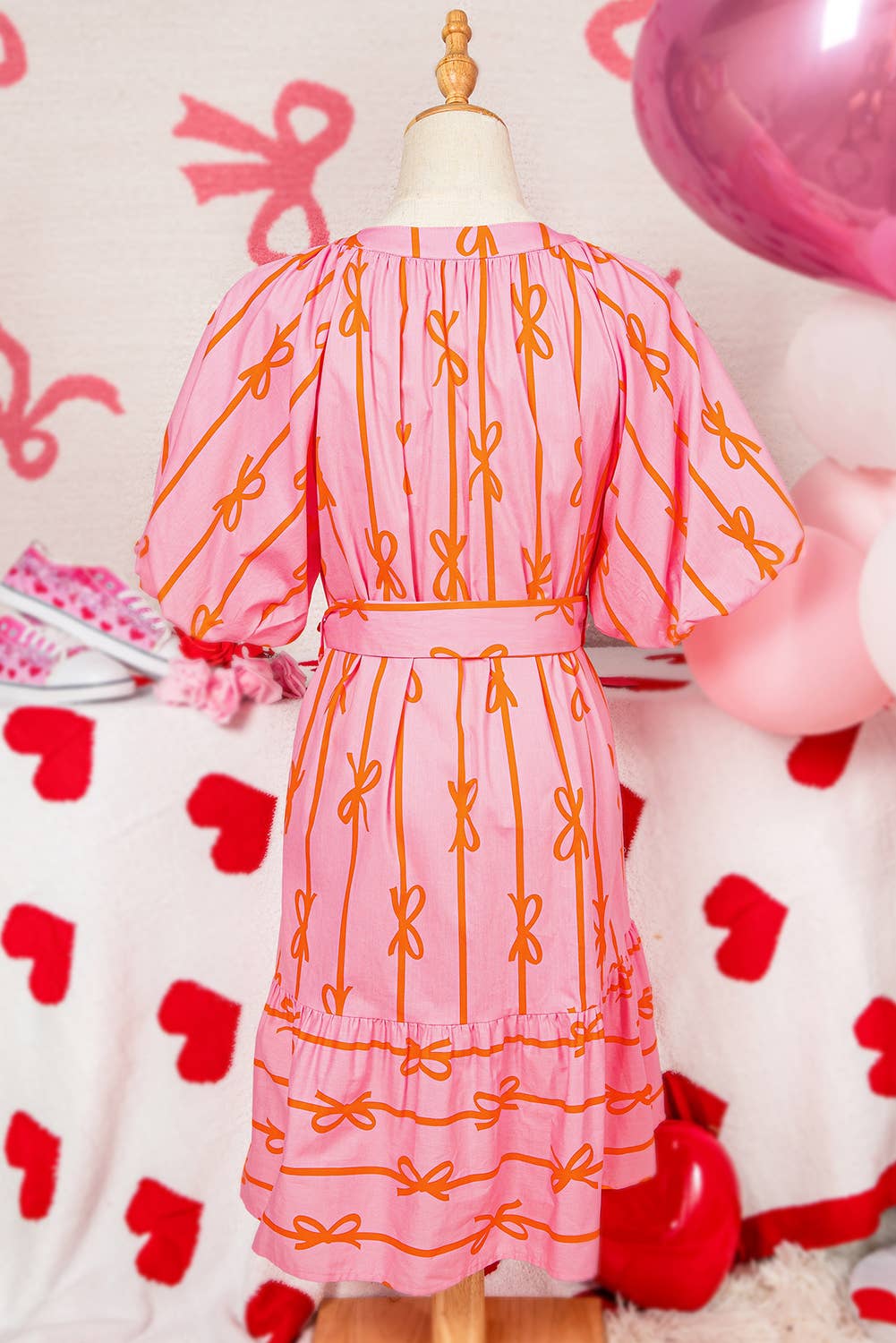 Bowknot Striped Bubble Sleeve Buttoned Belted Mini Dress