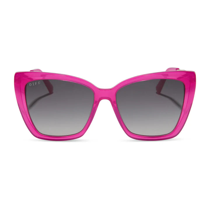 Pink sunglasses with dark lenses on a white background